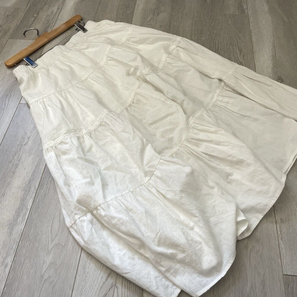 Tiered Midi Skirt cotton lace slit womens White (medium) cottagecore boho euro - Picture 4 of 6